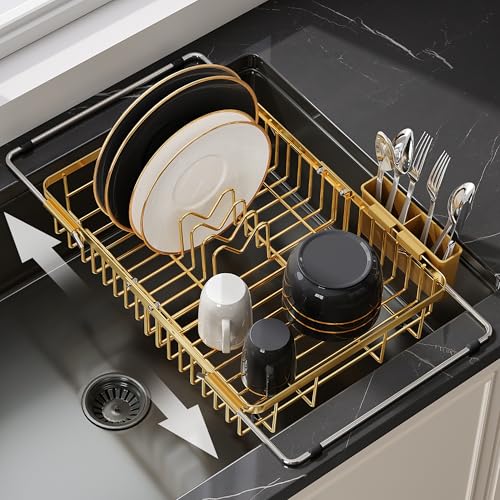 Image of JASIWAY Gold Dish Drying Rack Over the Sink with Utensil Holder
