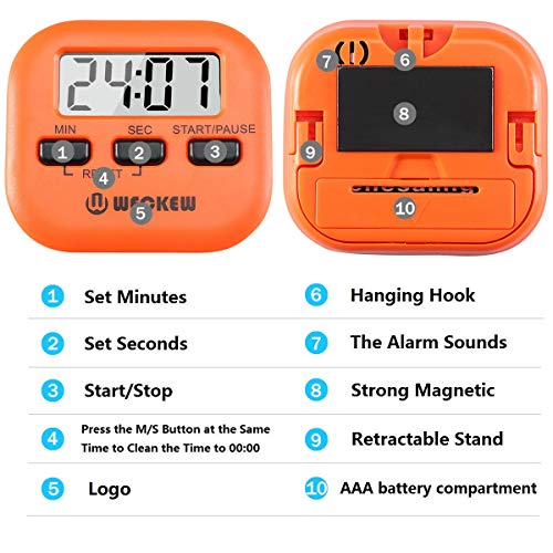 Kitchen Timer, WECKEW 2 Pack Digital Kitchen Timer Magnetic Countdown Stopwatch Timer with Loud Alarm, Big Digit, Back Stand, Hanging Hole for Cooking, Shower, Bathroom, Kids, Teacher(Orange) - Image 6
