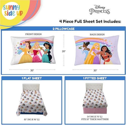 Image of Sunny Side Up Disney Princess Full Sheet Set - 4 Piece Kids Bedding Set Includes Pillow Cover - Super Soft Rainbow Microfiber Sheets Moana, Belle & Rapunzel