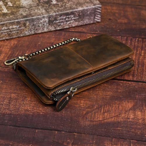 Vintage Long Genuine Leather Bifold Wallet for Men RFID Blocking with Zipper Pocket (Coffee)2