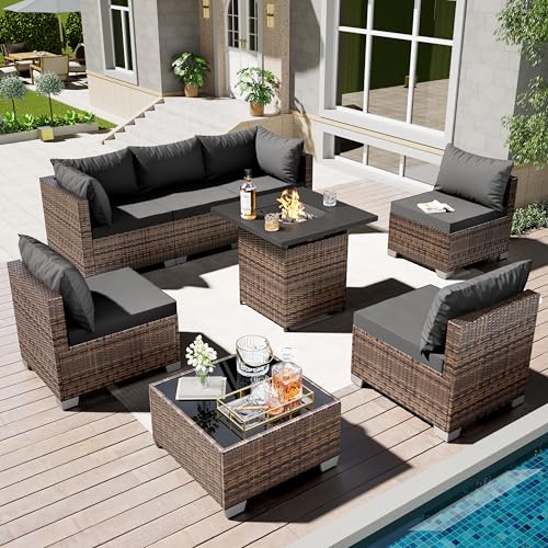ELEGIBLISS 7/8-Piece Patio Conversation Set with Fire Pit Table, Outdoor All-Weather Rattan Sofa Sectional, Handwoven Wicker Furniture for Backyard, Easy Assembly & Weather-Resistant Design