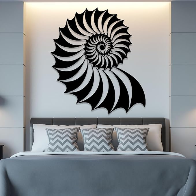Sea Shell Metal Wall Art, Golden Ratio Metal Wall Art, Coastal Wall Decor, Ocean Wall Art, Ocean Wall Decor, Spiral Wall Art, Metal Beach Wall Art, Wall Decor for Bedroom, Living Room (Black, 32x35in|80x90cm)