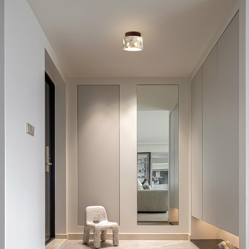 Jadssox Kamienna lampa sufitowa 4,7" Żółty trawertyn, półtynkowa lampa sufitowa, kamienny klosz, drewniana płyta, wabi sabi, lampy sufitowe blisko sypialni, korytarz, schody do przedpokoju