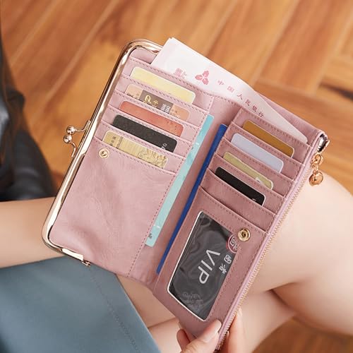 Image of Vintage Wallets for Women Large Bifold Kiss Lock Wallet for Women Leather Zip Clutch Coin Purse