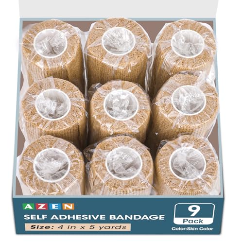 Image of AZEN 9 Pack Self Adhesive Bandage Wrap, 4 inch X 5 Yards Elastic Cohesive Bandage Wrap, Skin Color Athletic Tape, Ankle Tape, Tattoo Grip Tape Wrap, Vet Wrap