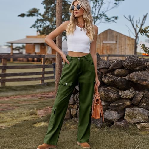 Womens Cargo Jeans High Waisted Wide Leg Trousers 2024 Trendy Plus Size Denim Cargo Pants with Flap Pocket Y2K Streetwear Tactical Pants Army Green L4
