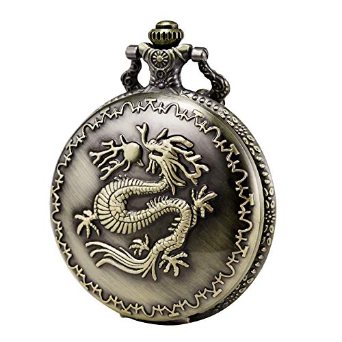 Morfong Unisex Pocket Watch Quartz Dragon Pattern Fob Watches Vintage Bronze with Chani & Box