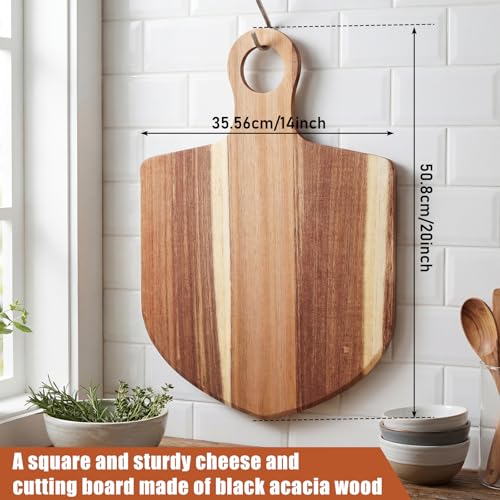 Image of 1 Pcs Acacia Wood Cutting Board with Handle 20 x 14'' Fan Charcuterie Chopping Board for Pizza Cheese Meat Decorative Natural Wooden Serving Tray for Kitchen and Dining Room