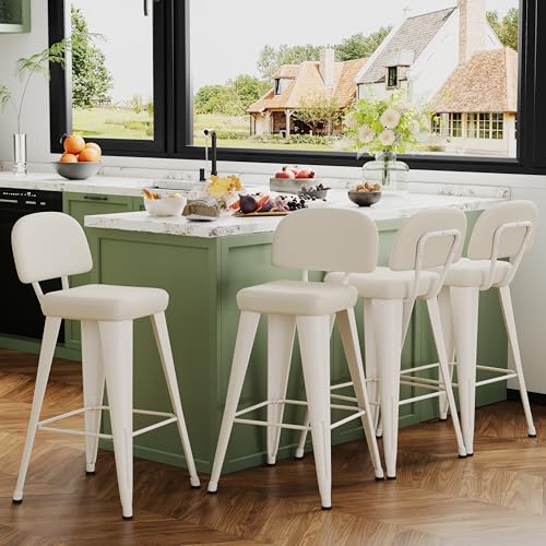 Image of Yongchuang 24 inch Bar Stools Set of 4, PU Leather Modern Counter Height Stools with Back Upholstered Kitchen Island Bar Chairs with Metal Legs Grayish White