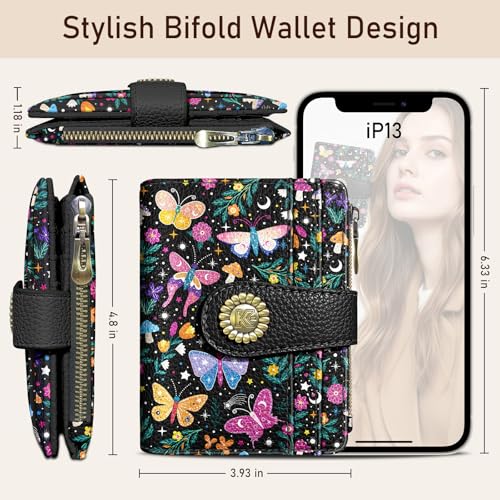 Image of Kelvoris Butterfly Small Rfid Women Wallet Bifold Zipper Coin Pocket | PU Leather Compact Cash Credit Card Holder Travel Purse for Female Ladies Teen Girls 1 ID Window 10 Card Slots