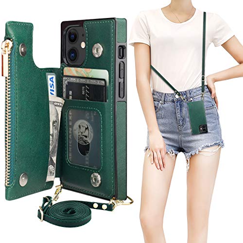 Bocasal Crossbody Wallet Case For Iphone 12 Mini With Card Holder,Zipper Card Slot Protector Shockproof Purse Cover With Removable Cross Body Strap 5.4 Inch(Green) #TOP21
