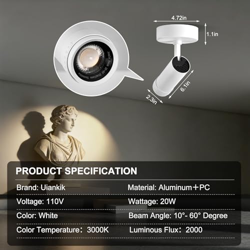 Image of LED Spot Lights Indoor, 20W Zoomable Surface Mount Ceiling Spotlight, White