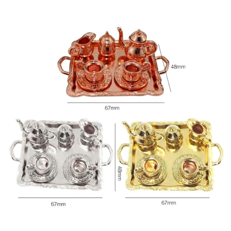 10pcs Miniature Silver Metal Teapot Coffee Tray Figurine Tableware Set for Home Office Desktop Decor - 3