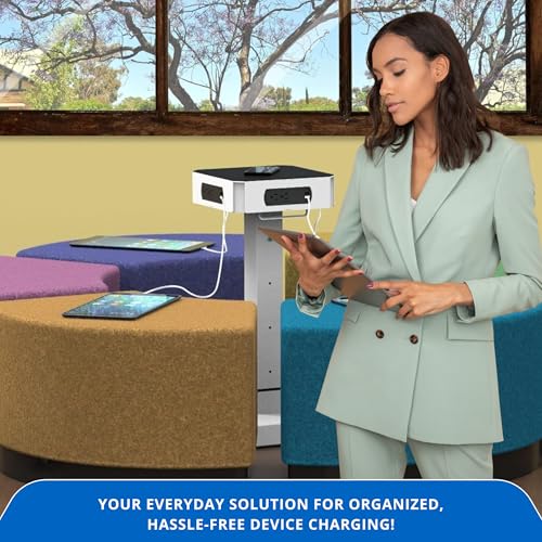 Image of Classroom Basics LuxPower Mobile Charging Tower - 8 AC Outlets & 8 USB Ports, Adjustable Height, Padded, Hidden Casters - Charge 16 Devices, Perfect for Classrooms, Offices, & Conference Rooms