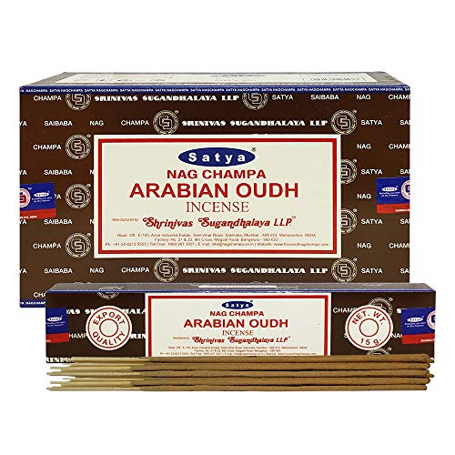 Satya Nag Champa Arabian oudh Incense Sticks Pack of 12 Boxes 15gms Each Hand Rolled Agarbatti Fine Quality Incense Sticks for Purification, Relaxation, Positivity, Yoga, Meditation