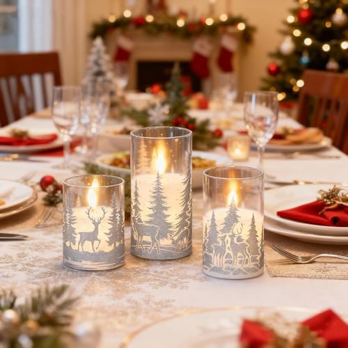 Image of Christmas Flameless Candles with Silver Reindeer Decals, 3 Pack LED Glass Battery Operated Candles with Remote Timer, Pillar Candles with Deer and Tree Pattern for Christmas Winter Decor
