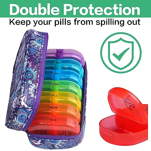 Image of Serfeymi Weekly Travel Pill Organizer 2 Times A Day AM PM Upgraded Rainbow Pill Box 7 Day with Portable Zipper PU Leather Pill Case, Medicine Organizer for Pills, Vitamins, Fish Oils - Purple-01