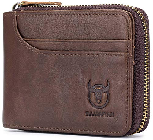 Mens Genuine Leather Wallet,RFID Blocking Short Zip Around Bifold Purse Vintage Multi Secure Card Holder with ID Window (Brown)