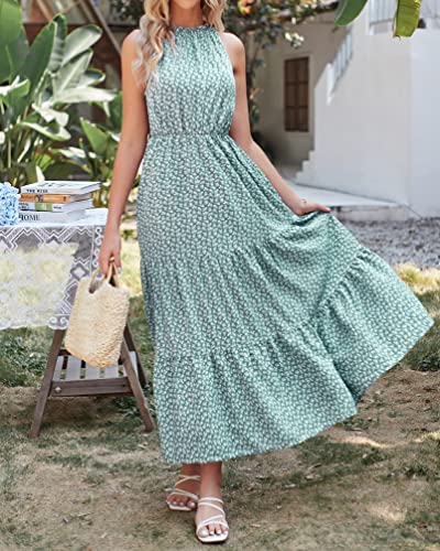 Dowerme Women's Summer Casual Halter Neck Sleeveless Maxi Dresses Elastic Waist Boho Floral Ruffle Beach Sundress 2023(Leaves Green,Large) #TOP3