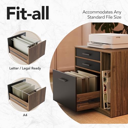 Image of HUANUO 85 inch Electric L Shaped Standing Desk with File Cabinet, Walnut | 65 inchx58 inch 2-Tier L-Desk,File Cabinet, 6 Drawers,220lbs Carbon Steel,4 Memory Presets, 27.6 inch-46.5 inch Adjustable Height