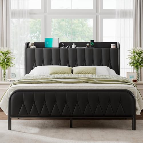 Image of Queen Bed Frame with Fast Charging Station, Leather Queen Size Metal Platform Beds with Upholstered Headboard & Footboard,12 inch Underbed Storage Space,Easy Assembly,Noise-Free,Black