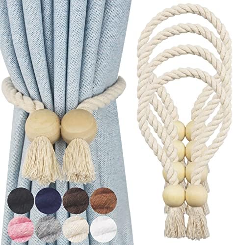 Nieffeiy 4 Pack Magnetic Curtain Tiebacks Cotton Hand Woven Tie Back Decorative Rope Holdbacks for Curtains Draperies No Tools Required, Beige