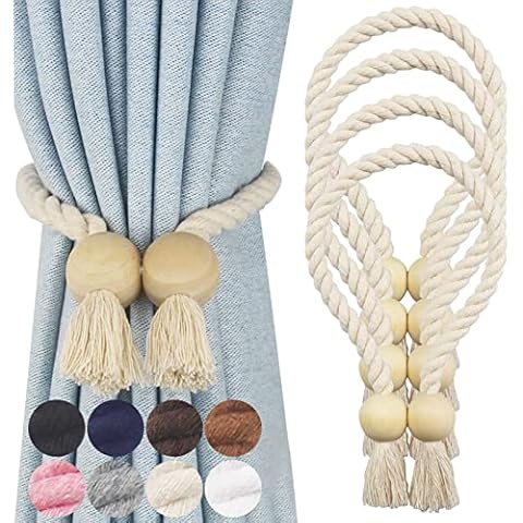 Nieffeiy 4 Pack Magnetic Curtain Tiebacks Cotton Hand Woven Tie Back Decorative Rope Holdbacks for Curtains Draperies No Tools Required, Beige Cover