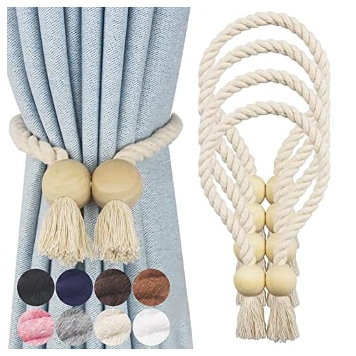 Nieffeiy 4 Pack Magnetic Curtain Tiebacks Cotton Hand Woven Tie Back Decorative Rope Holdbacks for Curtains Draperies No Tools Required, Beige