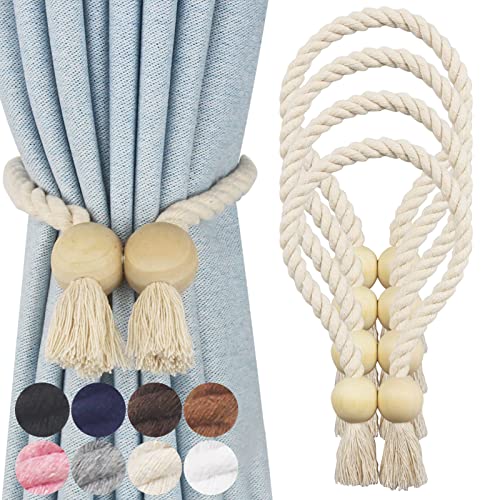 Image of Nieffeiy 4 Pack Magnetic Curtain Tiebacks Cotton Hand Woven Tie Back Decorative Rope Holdbacks for Curtains Draperies No Tools Required, Beige