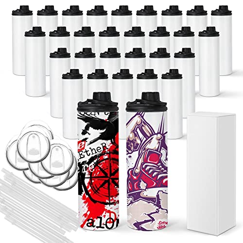 FECBK 30 Pack Sublimation Water Bottle Blanks 20 oz Sublimation Sports Water Bottle with Handle Stainless Steel Sublimation Tumbler Blanks with Lids and Straws, Individually Box, White, DIY Gift