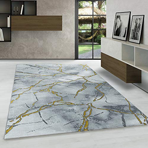 Carpetsale24 Modern Designer Teppich, Kurzflor Marmor Optik, Rechteckig, Grau und Goldfarbe Teppich, Pflegeleicht, Wohnzimmerteppich, Größe:160 x 230 cm Cover