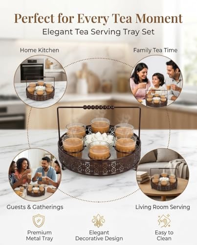 Image of Chai Metal Stand with Glass Tumblers and Sugar Bowl - Tea, Coffee & Lassi Serving Set, Glasses with Holder for Home, Kitchen, Cafe & Dining