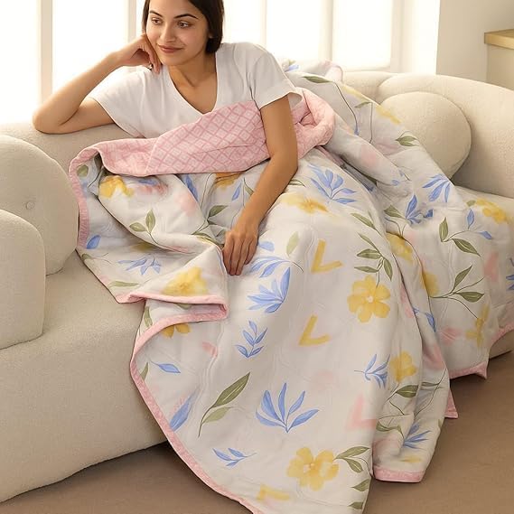 Image of Summer Blanket 100% Cotton Reversible Ac Comforter and Cooling | Classic Printed Design | Quilt | Dohar Single /Double Bed Quilt Ideal for Gifting (Pink Flower, Single BE)