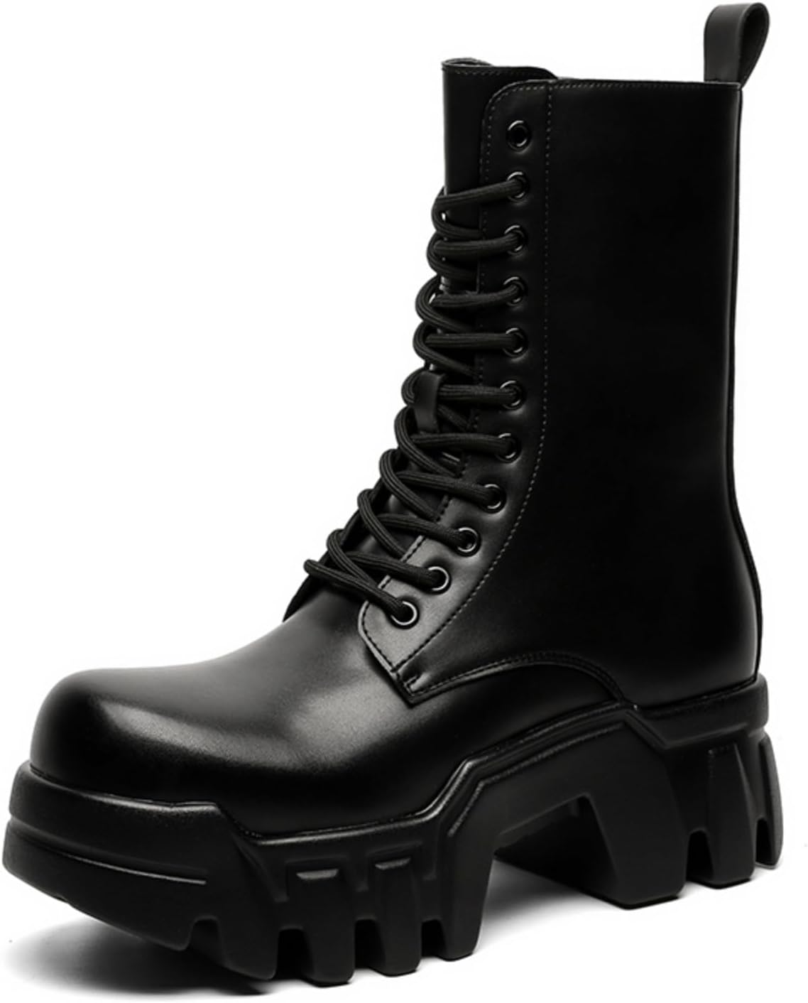 Chunky Sole Motorcycle Boots For Men & Women, Black Leather Mid-Calf Lace-Up With Boots With Side Zipper Rugged Retro Street Style Platform Boots