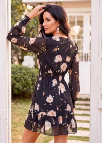 Image of Prettywear Women's Chiffon Long Sleeve Wrap Neck Wedding Guest Mini Dress | Wrap V Neck Smocked Waist Flowy Dress, Spring Fall Outfits for Cocktail, Vacation, Date Night Party