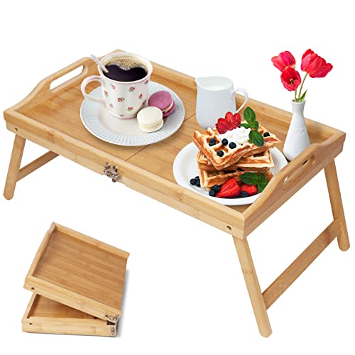 Foldable Bed Tray Bamboo Breakfast Food Tray with Folding Legs Kitchen Platters Serving Tray for Bed TV Table Desk Laptop Computer Snack Tray (Foldable Bamboo)