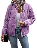 Flygo Quilted Jackets for Women Corduroy Puffer Jacket Zip Up Warm Cropped Fall Jacket Tops(Purple-S)