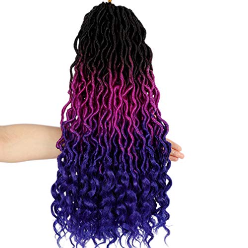 Ouyafei 5Pack Wavy Faux Locs Braids Crochet Hair 20inch Ombre Purple Blue Braiding Hair Goddess Locs with Curly Ends Synthetic Twist Crochet Hair Extensions (1B/Purple/Blue#,500g/Lot)