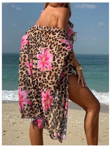 MakeMeChic Women's Maternity Swimsuits 3 Piece Bikini Set Cheetah Print Floral Halter Top with Kimono2