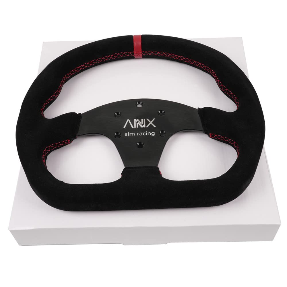 RASTP D-Shaped Racing Steering Wheel, 12.8"/325mm Suede Leather Race Style Sim Racing Steering Wheel(Black with Red Stitch)