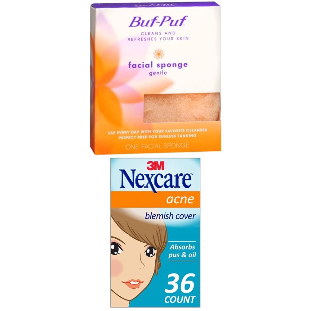 Buf-PufRegular Facial Sponge, Removes Deep Down Dirt & Makeup That Causes Breakouts and Blackheads, Reusable, Exfoliating, White (1 Count) + Nexcare Acne Absorbing Patch (36 Count)