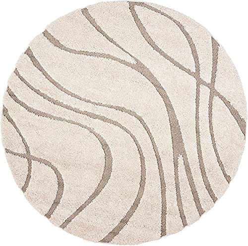 Image of Geometric Wave Round Shaggy Carpet for Living Room, Bedroom, High Low Design Finish Microfiber 1.8 Inch Pile High, 8x8 Feet Ivory|Beige Color