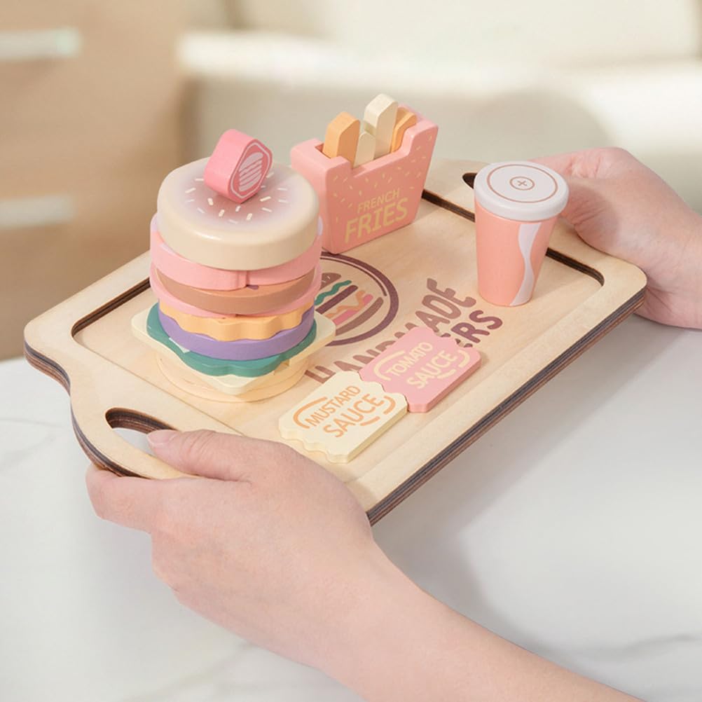 Set di Gioco di Finzione di Fast Food in Legno, Giocattolo Cibo Hamburger Patatine Bevanda