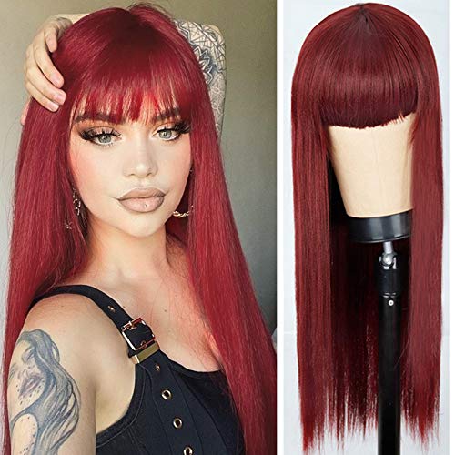MISSQUEEN Long Straight Wine Red Wigs for Women,Synthetic Dark Red Wig with bangs,Heat Resistant Synthetic Cospaly Party Straight Red Wig (30Inch, Wine red)