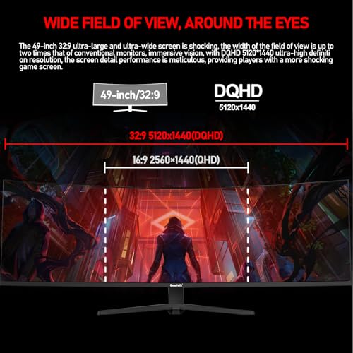 Image of Gawfolk 49 inch Ultra-Wide Curved 1500R Gaming Computer Monitor, DQHD(5120x1440), 165Hz, 1MS, FreeSync, 120% sRGB, Height Adjustable PC Screen, HDMI2.1 & DP1.4, Compatible Wall Mount 75 * 75mm- Black