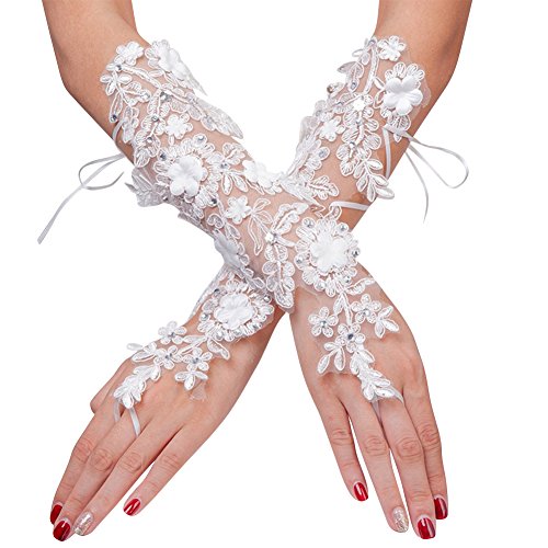 IBLUELOVER Gants Mariage Blanc Gant Déguisement Femme Mitaines Court Exquis Gants en Dentelle avec Lacet Accessoires Robe Manches Mariée Wedding Soirée...