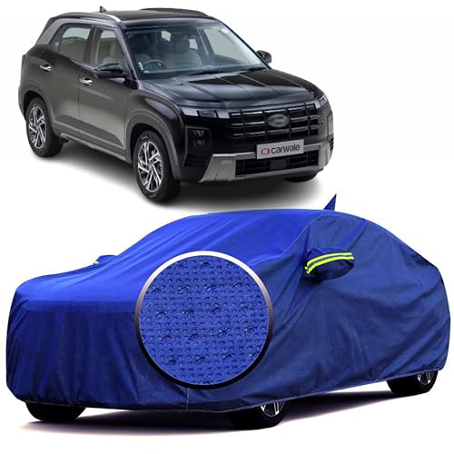 Image of 100% Waterproof 'BlueMax' Car Body Cover for Hyundai Creta with Mirror Pocket, Heat & UV Protection, Triple Stitched, Soft Lining, Full Bottom Elastic & Reflective Radium (Blue)