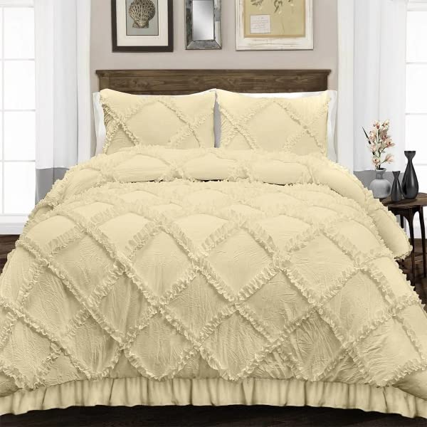400 TC Luxurious Diamond Ruffle Duvet/Quilt/Rajai Cover 3 PC Set- Zipper Closure Duvet Cover with 2 Pillow Cover- 100% Cotton Diamond Design Duvet Cover- King Size Ivory Solid-image-11