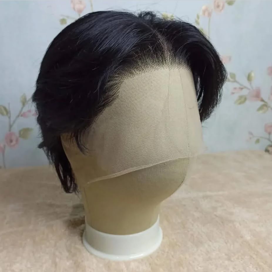 13x6 lace front Deep Part Human Hair Wig For Men Short pixie Men's layered cut hairstyle Lace Front Male Wig Brazilian Natural Color Pre Plucked Boy Wigs (Natural Black, 13x6 lace front wig)