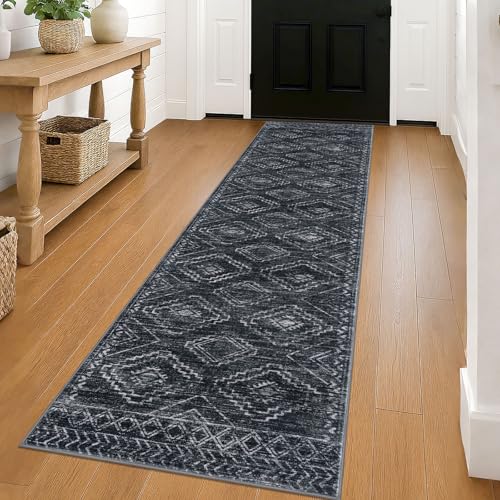 KILOCOCO Hallway Runner Rug 2'x8' Runners for Hallways Washable Runner Rug Non Slip Laundry Room Rug Low-Pile Rug Runner for Bedroom Kitchen Living Room Boho Rug, Charcoal